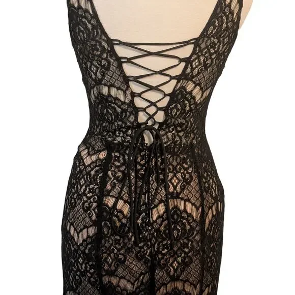 Black Lace Gown 5 Corset Nude Lining Formal Whimsigoth Witchy Vampire Romantic - Picture 9 of 13